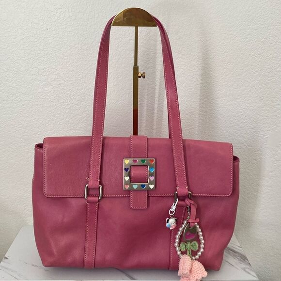 Dooney & Bourke Pink Pebbled Leather Flap Tote “Square Hearts” - Picture 1 of 8